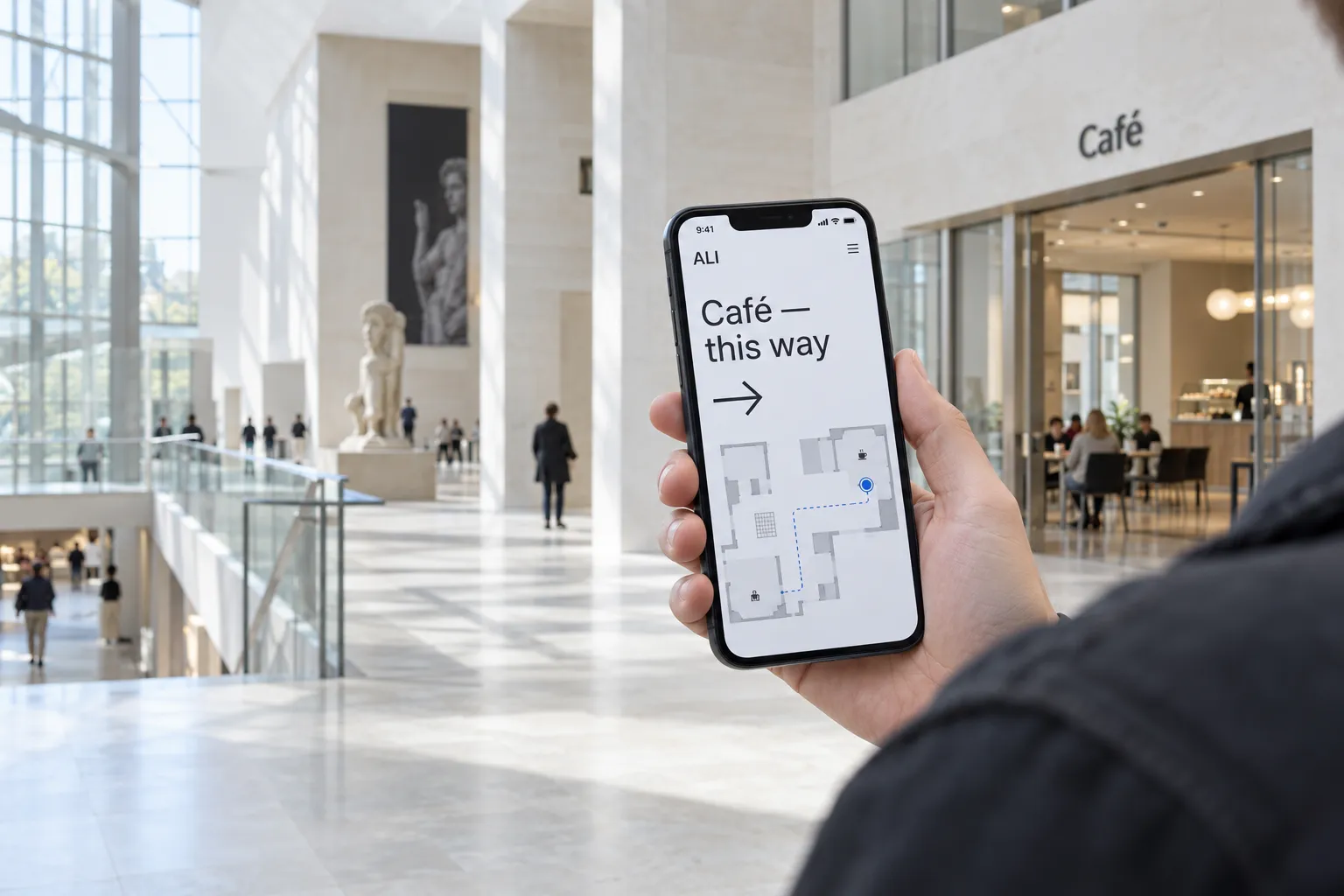 Illustrative ALI concept: a visitor holds a phone showing “Café — this way” and an indoor route, with the museum café visible ahead.